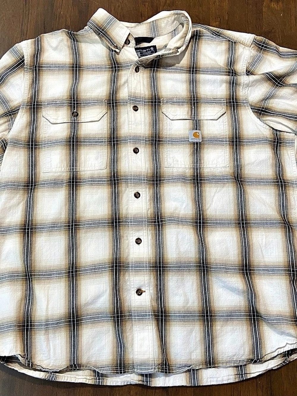 Carhartt Loose Fit Shirt Mens XL Short Sleeve Plaid Button Beige Tan Workwear